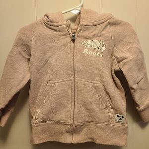 Roots pink zip up sweater, size xl/18-24 months